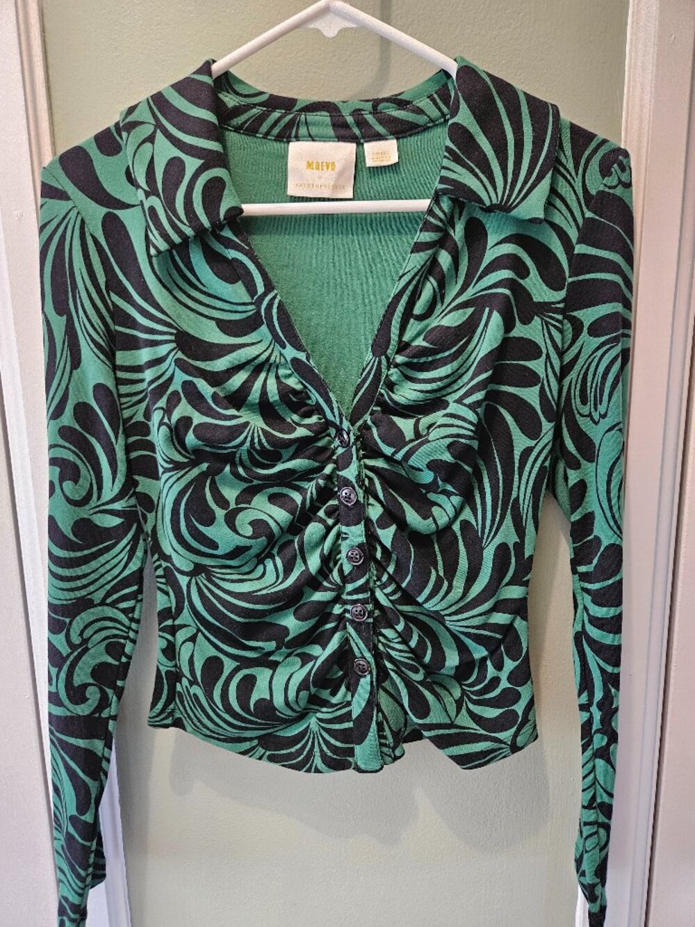 Maeve by Anthropologie Green Black Fitted Long Sleeve Shirt Y2K Small S